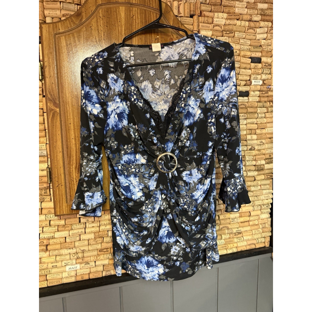Vintage Y2K Cocomo 3/4 Ruffle Sleeve Lace Vneck Floral Ruched Blouse L Whimsy